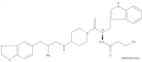 Molecular Structure of 1127440-16-7 (Benzenepropanamide, N-[(1R)-2-[4-[[3-(1,3-benzodioxol-5-yl)-2-methylpropyl]amino]-1-piperidinyl]-1-(1H-indol-3-ylmethyl)-2-oxoethyl]-)